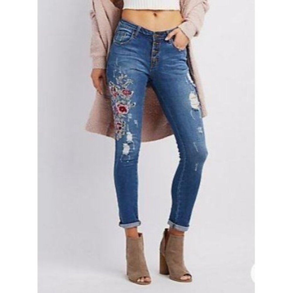 NWT Machine Women's Embroidery Disstresed Skinny Jeans Size 13 612